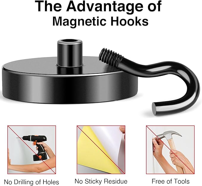 MIKEDE Magnetic Hooks, 150LB Super Strong Magnet Hooks Heavy Duty for Cruise Essentials, Black Neodymium Earth Magnets with Hook for Hanging, Magnetic Metal Hanger for Fridge, Toolbox - 4 Pack