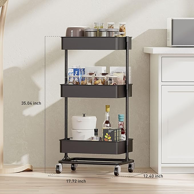 3 Tier Modern Metal Rolling Tool Cart with Silent Casters, 17.72×12.40×35.04 inch Heavy Duty Organization Truck Trolley Organizer for Office, Living Room, Kitchen, (Black)