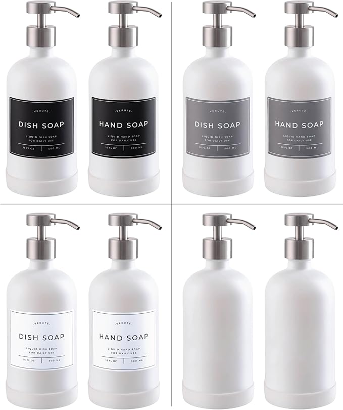 16oz Glass Soap Dispenser with Stainless Steel Pump, 21 Waterproof Labels, Non-Slip Protective Silicone Pad, Set of 2 for Bathroom & Kitchen (Matte White Bottle/Brushed Silver Pump)