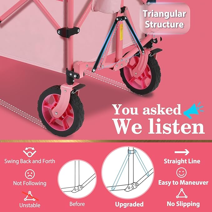 Sekey 220L Collapsible Foldable Wagon with 330lbs Weight Capacity, Heavy Duty Folding Wagon Cart with Big All-Terrain Wheels & Drink Holders (Pink)