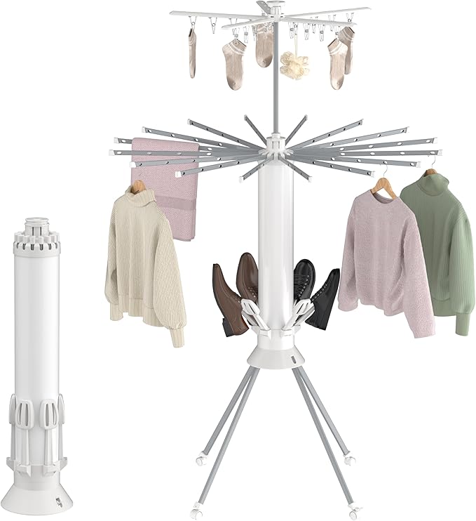 Clothes Drying Rack, 4-Legged Portable Drying Rack Clothing with 20 Clips, Shoe Dryer Rack, Outdoor Foldable Laundry Drying Racks with 4 Pulleys, Aluminum Hanging Dry Rack
