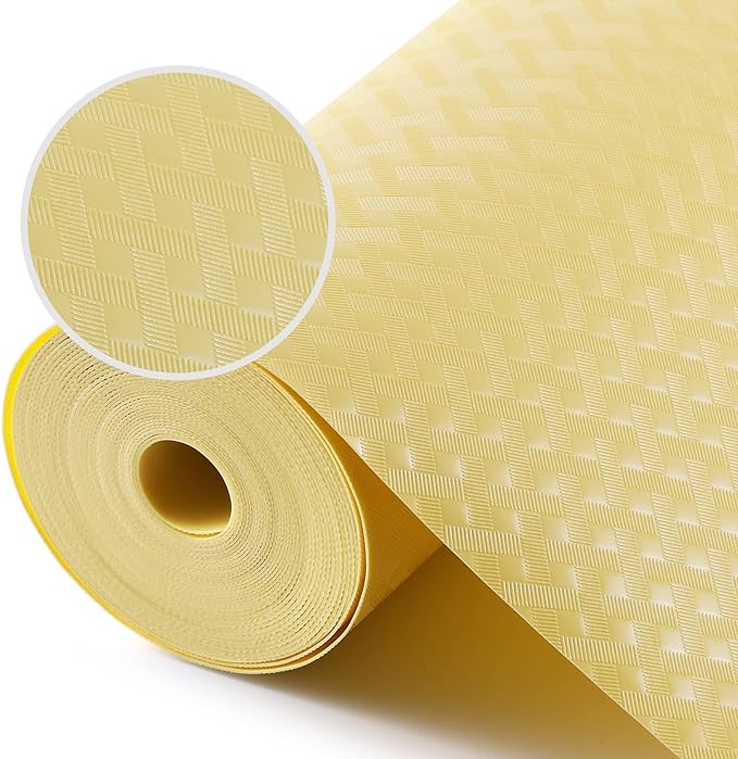 Shelf Liners for Kitchen Cabinets Refrigerator Liners Waterproof Kitchen Cupboard Liner Non Adhesive Drawer Mats EVA Material Fridge Liner for Shelves - Yellow Beige 17.5 x 393.7 Inches