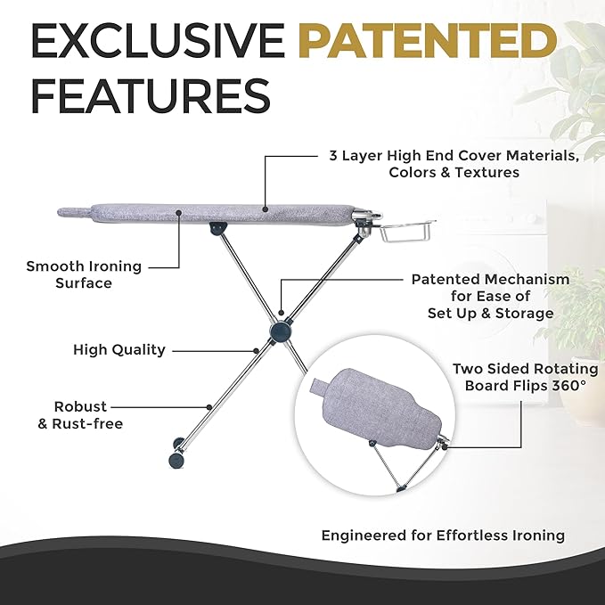 Dazzl 360° Dual-Sided Iron Board - Torso-Shaped Ironing Board Full Size with 8-Level Adjustable Height, Rotatable & Detachable Iron Holder, Garment Clips - HDPE Heat-Resistant Surface