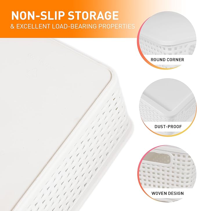 Plastic Storage Baskets With Lid, Storage Bins for Organizing, Stackable Decorative Containers for Shelves Drawers Desktop Closet Playroom Classroom Office, 6 Pack- White