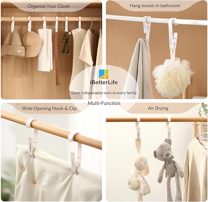 iBetterLife 4Pcs Laundry Hooks Hanging Clips Heavy Duty Outdoor Clothes Pins, Closet Organizer Single Clip Hangers Clamps Socks Boot Bras Underwear Kids Towels for Bathroom Wardrobe Kitchen Office