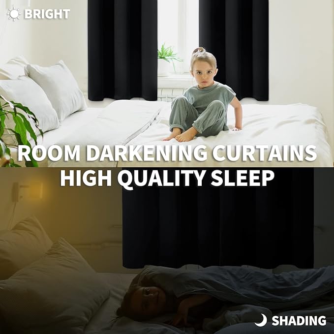 BGment Rod Pocket Blackout Curtains 48 Inches Length for Bedroom - Thermal Insulated Short Room Darkening Curtain Window Drapes, 42 x 48 Inch, 2 Panels, Black