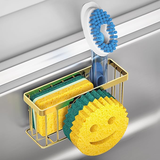Sponge Holder Smiley Face,Sink Caddy,Sink Organizer with 2 Suction Cups/1 Adhesive Strips,Designed for Sponge,Soap,Dish Brush,Scrubber-Gold