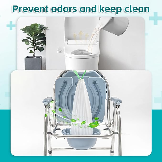 60 Pack Commode Liners with Super Absorbent Pads, Disposable Leakproof Bedside Commode Bags, Universal Fit for Standard Toilet Chair Buckets(60 Bags+60 Pads) (60PACK)