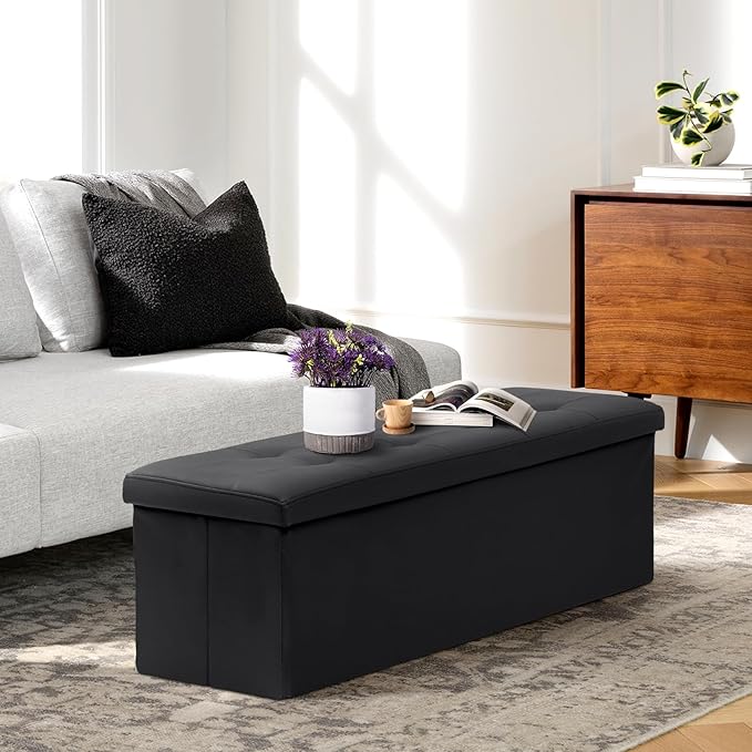 Athena Collection 43" Storage Ottoman Bench Folding Bench with 130L Hidden Storage, Large End of Bed Bench PU Leather Foot Rest Stool Chest with Flipping Lid for Living Room, Bedroom, Entryway, Black