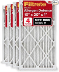 Filtrete 10x20x1 AC Furnace Air Filter, MERV 11, MPR 1000, Micro Allergen Defense, 3-Month Pleated 1-Inch Electrostatic Air Cleaning Filter, 4 Pack (Actual Size 9.81x19.81x0.81 in)