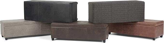 SIMPLIHOME Avalon 48 inch Wide Contemporary Rectangle Storage Ottoman Bench in Distressed Umber Brown Vegan Faux Leather, Assembled, For the Living Room, Entryway and Family Room