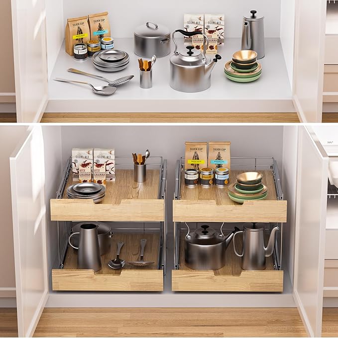 Pull Out Cabinet Organizer,Heavy-Duty Slide Out Shelf, Wood and Wire Basket, Pull Out Drawer for for Kitchen Under Sink Space, Pantry, Bathroom, 2 Tie 20 * 21 in