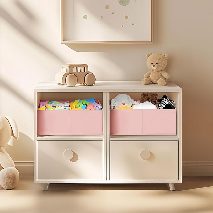 DIMJ Large Closet Shelf Organizer Bins 8 Packs with Handles and Divider, Fabric Trapezoid Storage Baskets, Foldable Clothes Containers Box for Shelf, Towel, Book, Toy, Purse, Hats, Pink