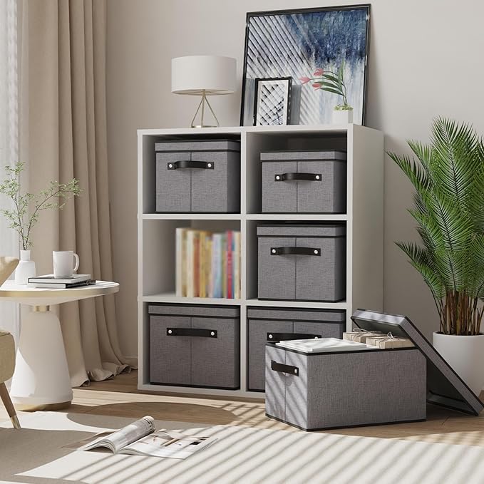 Storage Boxes, 15 x 9.8 x 8.3 Inch Baskets for Organizing with Lids, Fabric Bins with Handles, Decorative Linen Closet Organizers, Gray, 5 Pack