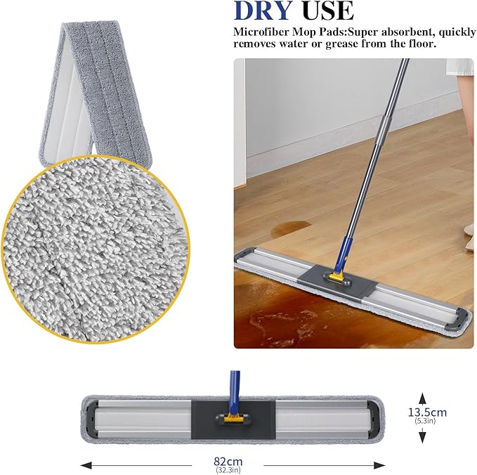 36" Commercial Mop for Floor Cleaning, Masthome Heavy Duty Industrial Mop with 3 Pads, Professional Microfiber Mops with 60'' Long Handle,Large Dust Mops for Office Garage Warehouse Factory Mall(Blue)