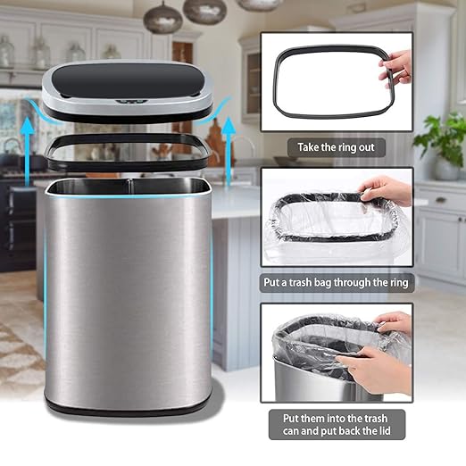 HCB Trash Can Automatic Waste Bin Mute Metal Garbage Can with Lid Stainless Steel 13 Gallon 50 Liter for Kitchen | Office | Bedroom | Bathroom | Living Room, 11” x 16” x 23”