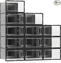 12 Pack XX Large Shoe Organizer Storage Boxes for Closet, Modular Space Saving Shoe Boxes Clear Plastic Stackable Sneaker Containers Display Case with Lids, Black