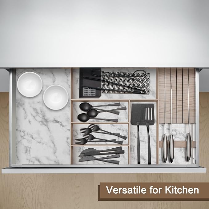 OcePor Non-Adhesive Drawer and Shelf Liner 17.5IN x 20FT，Non Slip Cabinet and Cupboard Liner, Kitchen Cabinet Liners for Shelves, Waterproof Drawer Shelf Liners for Cabinets/Bathroom Cupboard, Marble