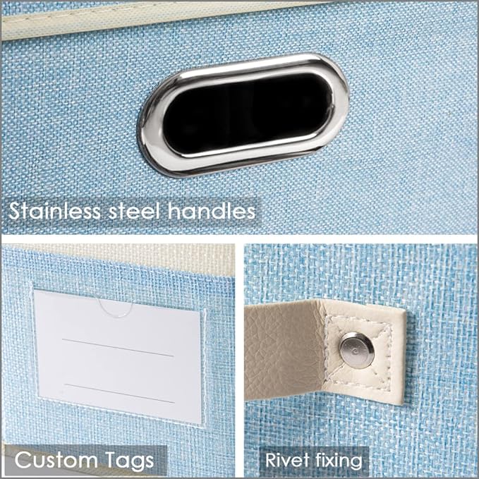 PRANDOM Large Fodable Storage Baskets for Closet [3-pack] Decorative Fabric Storage Bins Cubes with Leather/Metal Handles for Shelves Bedroom Living Room Blue&Cream (14.9x9.8x8.3 Inch)