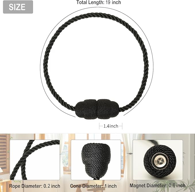 Magnetic Curtain Tiebacks Rope Curtain Tie Backs for Curtains 8 Pack Curtain Holders for Drapes Decorative Window Curtain Holdbacks, Black