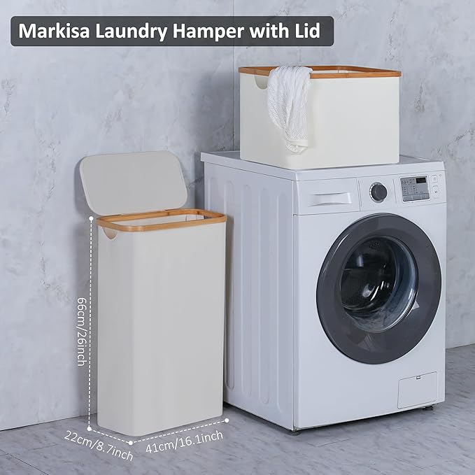 Slim Laundry Basket,Tall laundry Hamper with Lid,60L Hamper for Laundry,Dirty Cloth Hamper with Bamboo Handle for Toys,Towels, Clothes Organizing,Beige