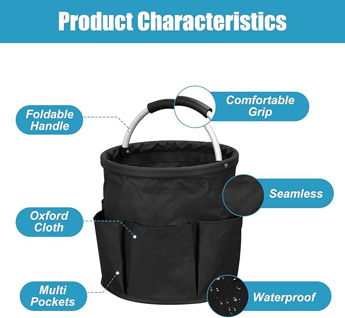 Qivine 17L Cleaning Caddy with Handle, Cleaning Supply Caddy Foldable Tool Bag Cleaning Products Organizers Portable Cleaning Bucket Organiser for Storing Towels (Black)
