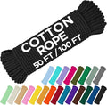 TECEUM 500lb Cotton Rope 3/16” (5 mm) – 50 FT | 100 FT – Strong All-Purpose Braided Rope – Natural Cotton – for Crafting, Сamping, Clothes Line, DIY, Indoor & Outdoor Use – Black