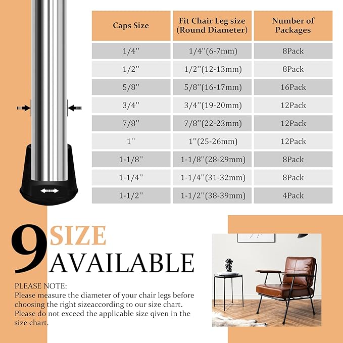7/8" Round Rubber Chair Leg Tips Caps, Chair Leg Floor Protectors Furniture Legs Caps Non Slip Reduce Noise for Hardwood Floors (Black, 12 Pack)