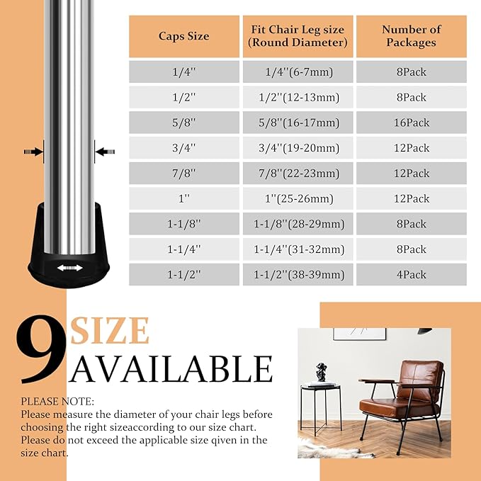 1-1/2” Round Rubber Chair Leg Tips Caps, Chair Leg Floor Protectors Furniture Legs Caps Non Slip Reduce Noise for Hardwood Floors (Black, 4 Pack, Fit :38-39mm)