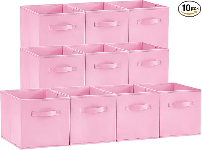 Lifewit 10 Packs Storage Cubes, 11 Inch Cube Storage Bins, Foldable Decorative Fabric Storage Baskets for Organizing Home Organizers with Handles for Shelves, Closet, Pink