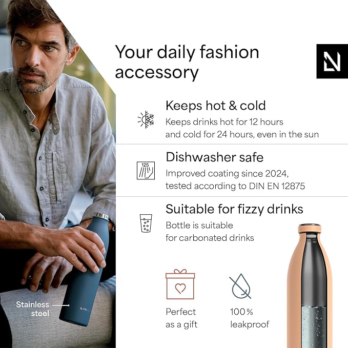 LARS NYSØM Stainless Steel Insulated XL Water Bottle 12oz 17oz 25oz 34oz 51oz | Insulated Thermo Flask for Hot and Cold Beverages | Leakproof Drinking Bottle (Creamy Peach, 50.7 oz)