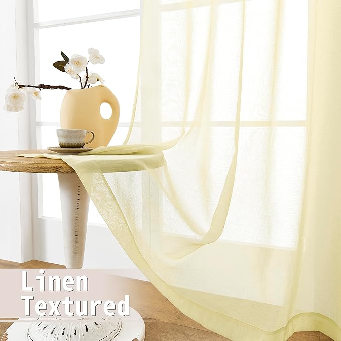 Tollpiz Short Sheer Door Curtains Closet Linen Textured Curtains Sheer Doorway Light Filtering Voile Patio Door Rod Pocket Curtain French Door, 54 x 40 inches Long, Transparent Yellow, Set of 1 Panel