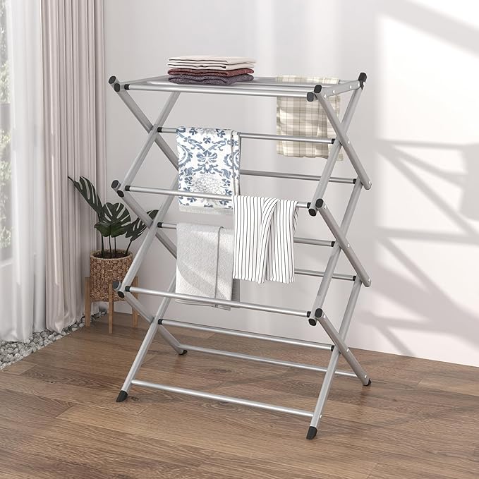 Household Indoor Folding Clothes Drying Rack, Dry Laundry and Hang Clothes,Towel Rack (Silver Gray) for Storage