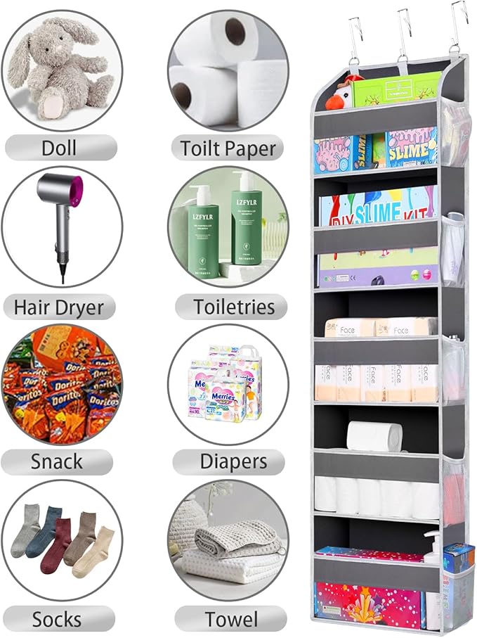 2 Pack Over The Door Storage Organizer with 5 Pockets 10 Mesh Side Pockets, 44 lbs Weight Capacity Door Hanging Organizers and Storage for Bedroom,Bathroom,Nursery,Pantry,Dorm(Dark Gray)