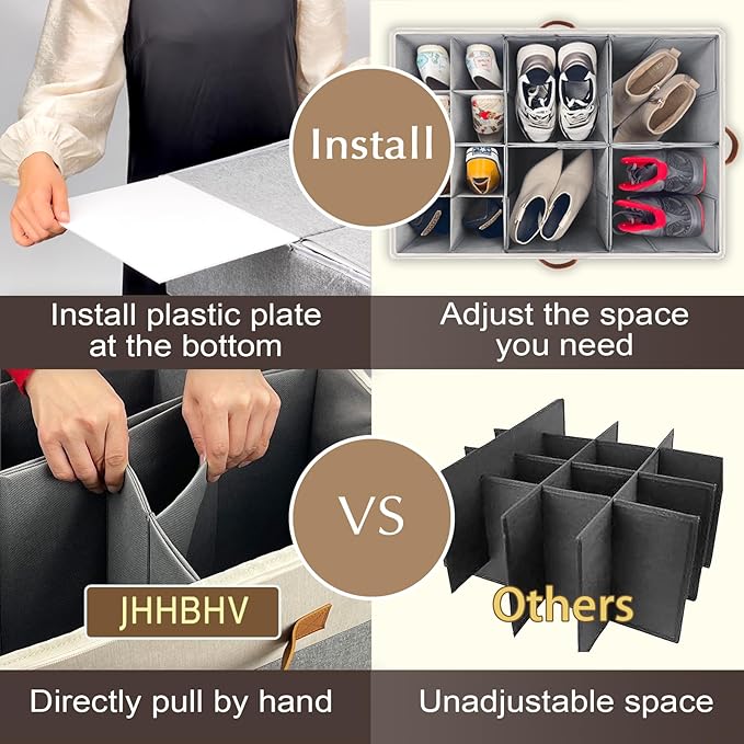 2 Pack Shoe Organizer for Closet, Adjustable Shoe Box Storage Containers, Large Foldable Shoe Bins with Clear Cover, Space Saving Shoes Holder with 4 Handles, Fits 24-48 Pairs, Beige