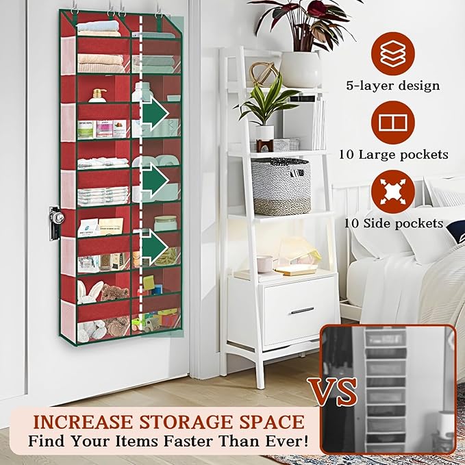 Over The Door Organizer 5 Tiers, Extra Large Behind Door Storage of 10 Compartments, 80 lbs Weight Capacity Hanging Storage Organizer with Clear Window Kids Toys,Shoes,Diapers,Room Storage, Red