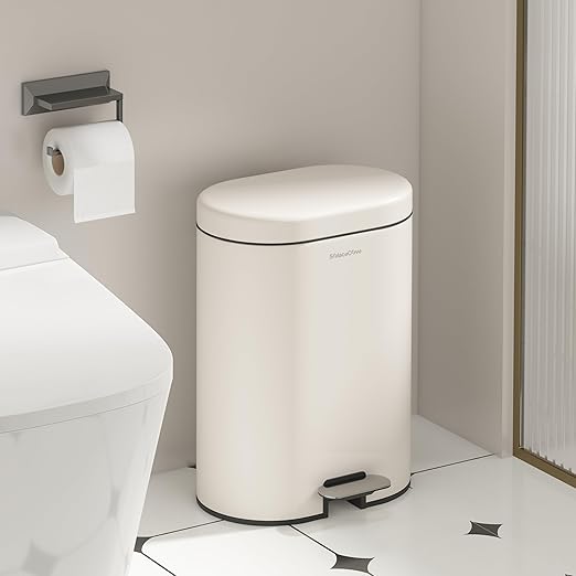 3.2Gallon Bathroom Trash Bin with Soft Close Lid,Oval Brushed Stainless Steel Garbage Can with Removable Inner Bucket,Office Trash Can with Foot Pedal for Bedroom,Living Room(Cream White)