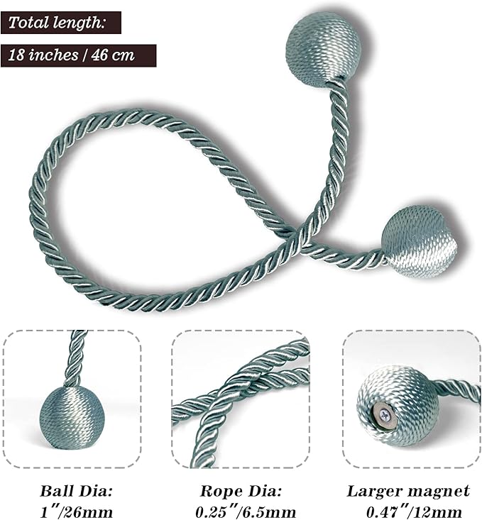 Hion Magnetic Curtain Tiebacks Gray Blue 4 Pack, Curtain Tiebacks Buckles Holdbacks Holders Hooks Clip for Home Bedroom Office Decorative Thick or Thin Curtain