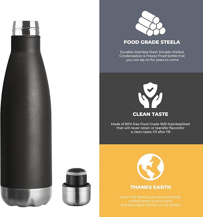 MEWAY 17oz Sport Water Bottle Vacuum Insulated Stainless Steel Leak-Proof Double Wall Cola Shape Water Bottle,Keep Drinks Hot & Cold (Black,1 Pack)