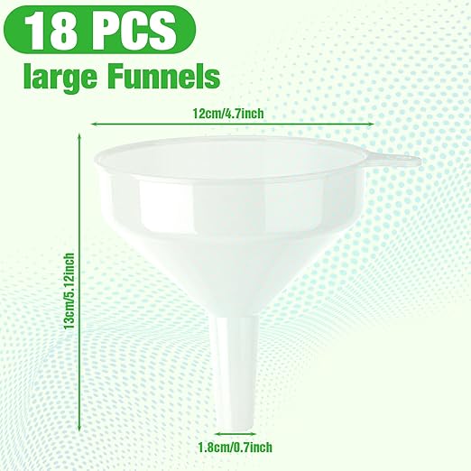 Honeydak 18 Pieces Multi-Purpose Plastic Funnels 4.7 Inch Wide Mouth Funnels for Filling Bottles, Jars, Containers Lab Use Oil Funnel for Gas, Car Oil, Lubricants and Fluids (White)