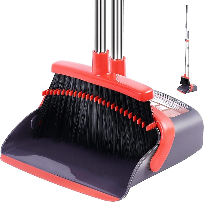 Broom with Dustpan Combo Set Broom and Dustpan Set Dust Pan with Stainless Steel Long Handle, Brooms with 5-Layer Soft Bristles for Sweeping Office Kitchen Home Pet Hair Lobby