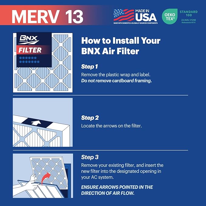 BNX TruFilter 18x18x1 Air Filter MERV 13 (4-Pack) - MADE IN USA - Electrostatic Pleated Air Conditioner HVAC AC Furnace Filters for Allergies, Pollen, Mold, Bacteria, Smoke, Allergen, MPR 1900 FPR 10