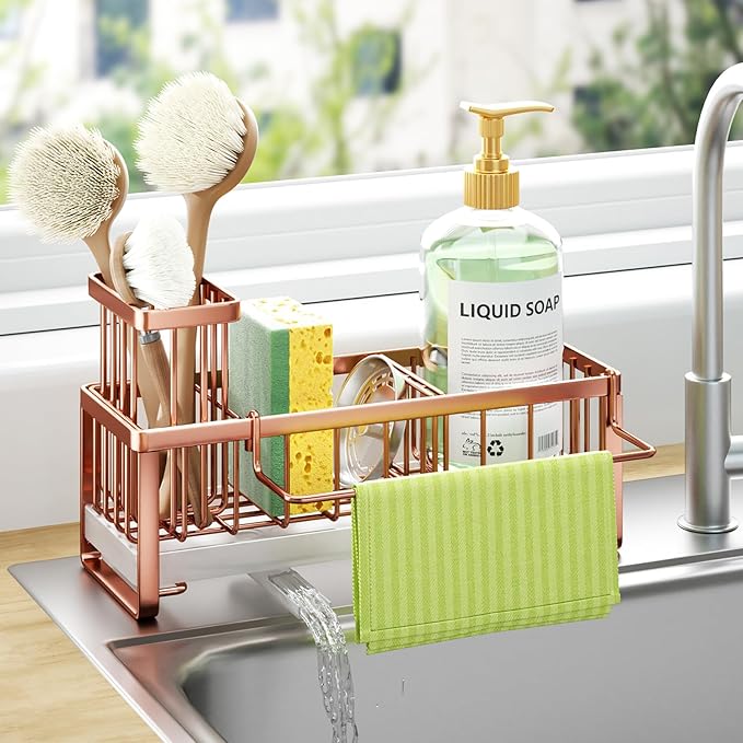 HapiRm Sponge Holder for Kitchen Sink - Self-draining Sink Caddy with Brush and Dishcloth Holders, Stainless Steel Kitchen Organizer for Countertop - Rose Gold