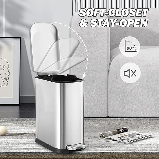 Bathroom Trash Can with Soft-Close Lid 3.5 Gallon Stainless Steel Garbage Can with Removable Inner Bucket Slim Trash Bins for Bedroom, Office (Silver)