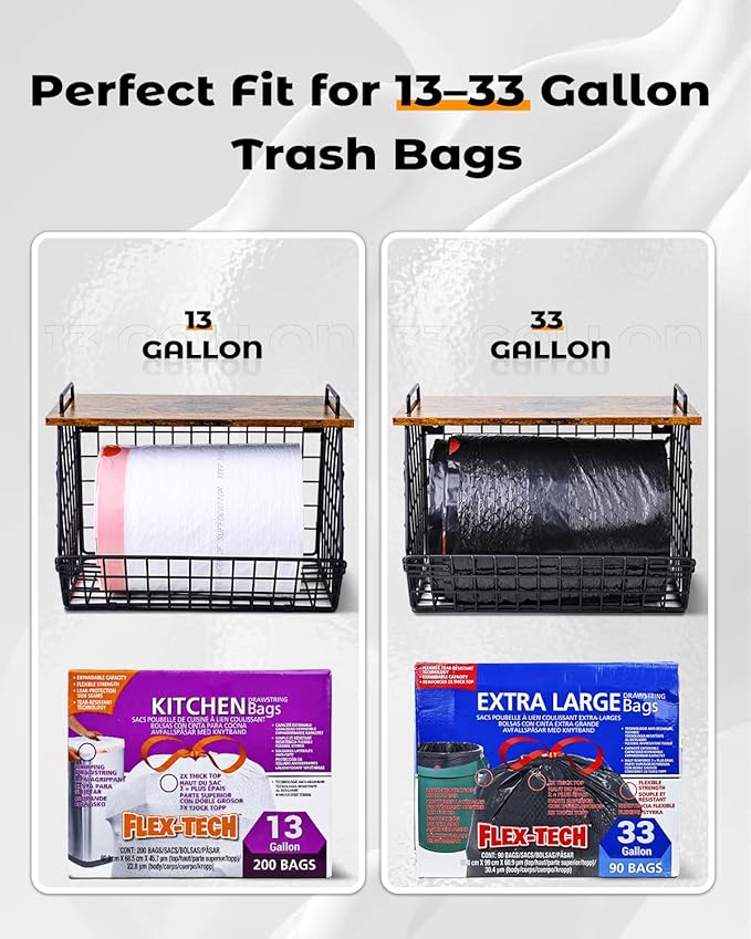 2 Pack Stackable Extra Large Trash Bag Holder Under Sink, Wall Mounted Garbage Bag Dispenser Roll Holder for 13/33 Gallon Trash Bags, Kitchen/Pantry/Laundry Room Organization Basket Storage Bin