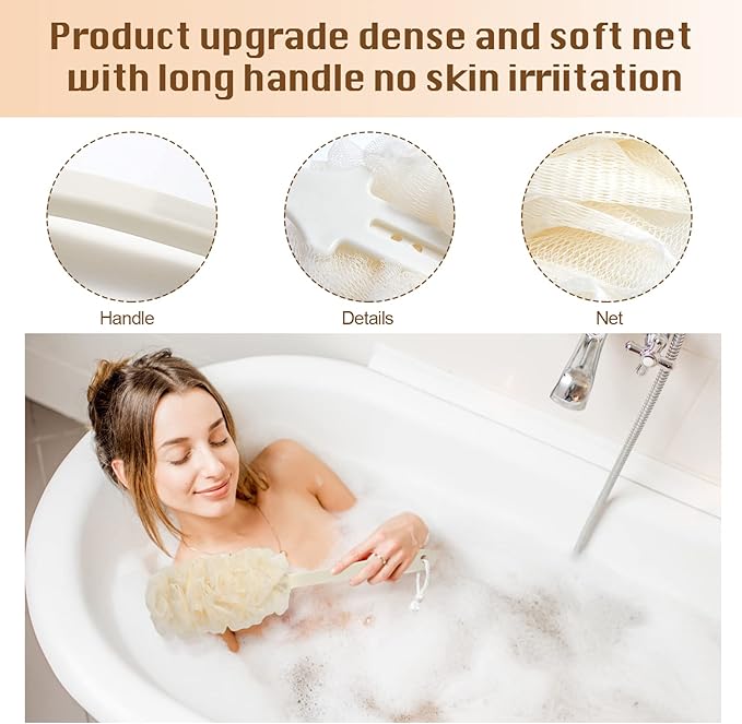2Pack Back Scrubber for Shower，PIPUHA Loofah Sponge Shower Brush Using Body Exfoliating with Long Handle, Loofah on a Stick for Men Women, Bathing Accessories for Body Brushes (Blue and White)