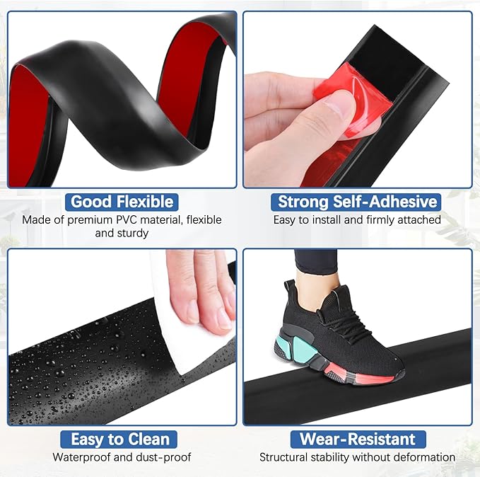 Vinyl Door Threshold Flooring Transition Strip Self Adhesive Carpet Edging Strip for Laminate Doorway Edge Threshold from 2/5" to 3/5" (Black, 10 Ft)