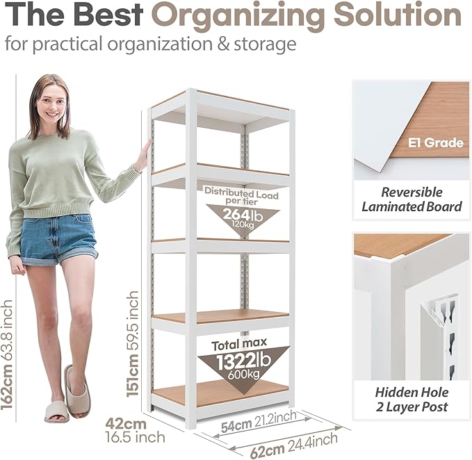 HOMEDANT House 5 Tier 24.1" W Laminated Metal Shelving Unit Adjustable Storage Utility Rack Heavy Duty Shelves Organization Multipurpose Shelf Kitchen Garage Pantry Closet 1 Pack
