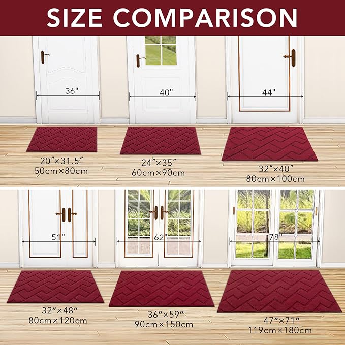 hicorfe Front Door Mat Outside Entrance,36"x59" Absorbent Muddy Dirt Resist Welcome Door Mats Outdoor Indoor,Stain and Fade Resistant,Non Slip Backing Entry Mat Doormat for Entryway(Red)