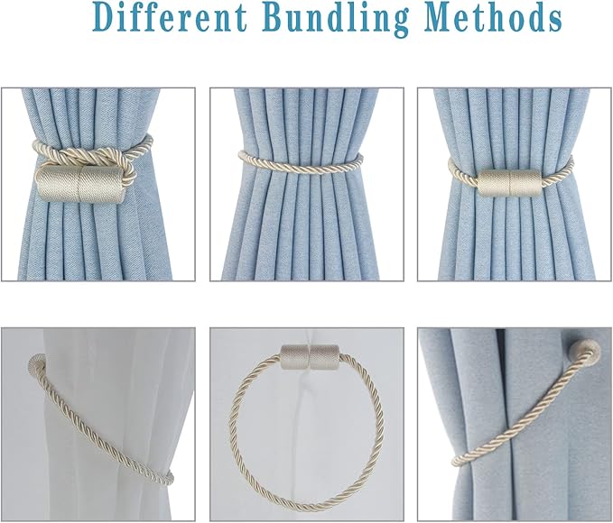 Magnetic Curtain Tiebacks 4 Pack Beige Curtain Rope Tieback Curtain Holders for Drapes Modern Tie Backs Decorative Curtain Holdbacks